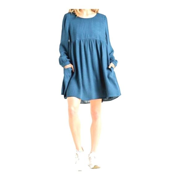 Umgee Dresses & Skirts - UMGEE Linen Blend Oversized Flowy Babydoll Pocket Dress Keyhole Peacock Blue L